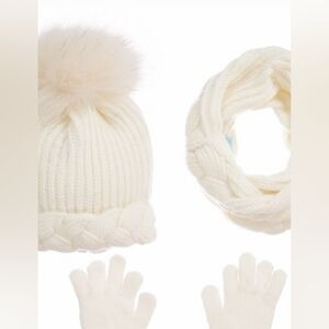 White Knit Hat, Scarf, and Gloves Set